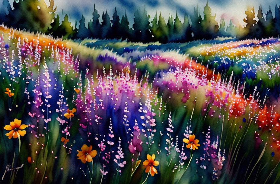 Colorful Watercolor Painting of Lush Field and Sky Gradient