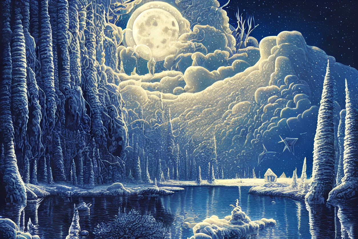 Winter night scene: full moon, snow-covered trees, small house, icy river, starry sky