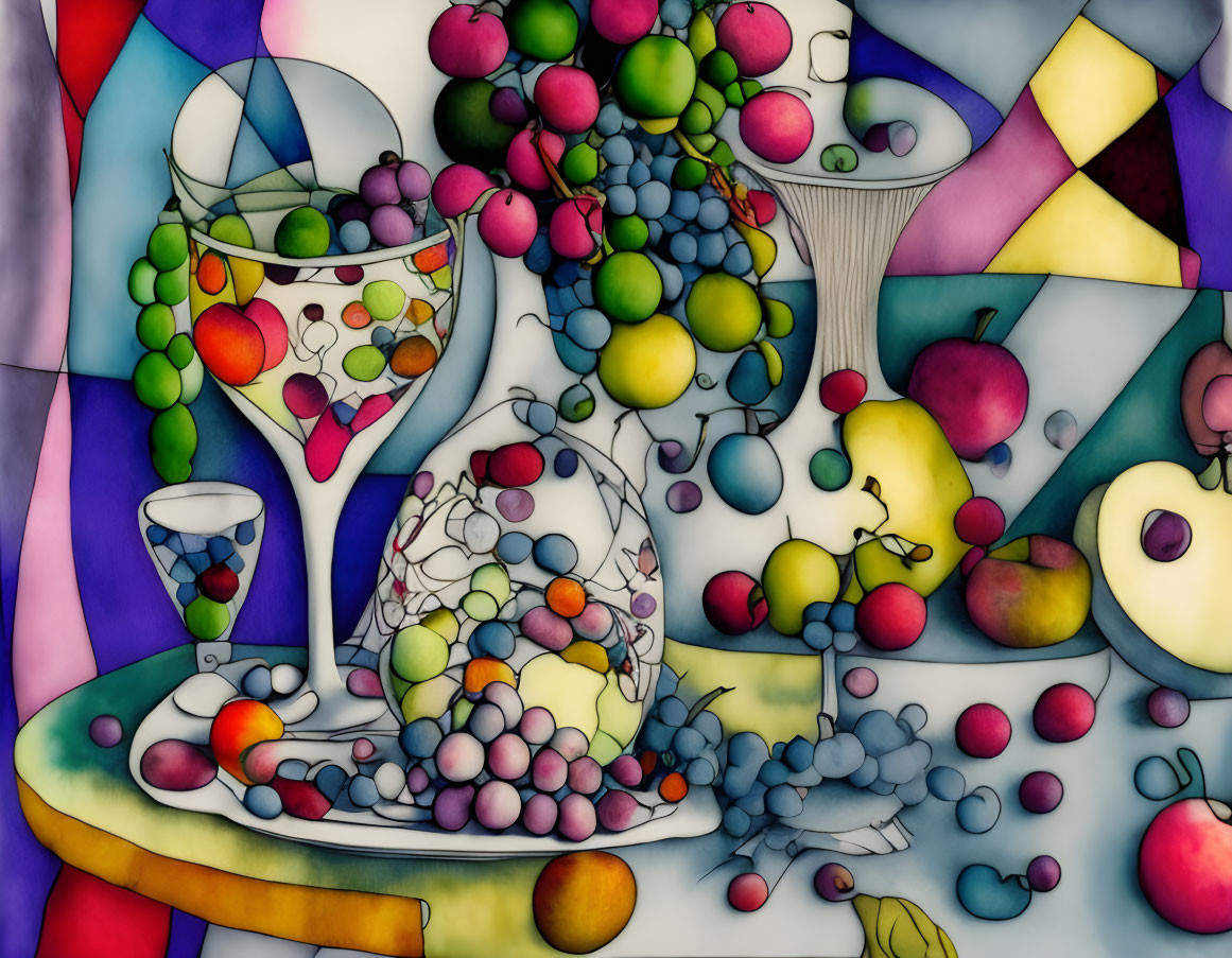 Vibrant stained-glass-style image with fruits and wine glasses