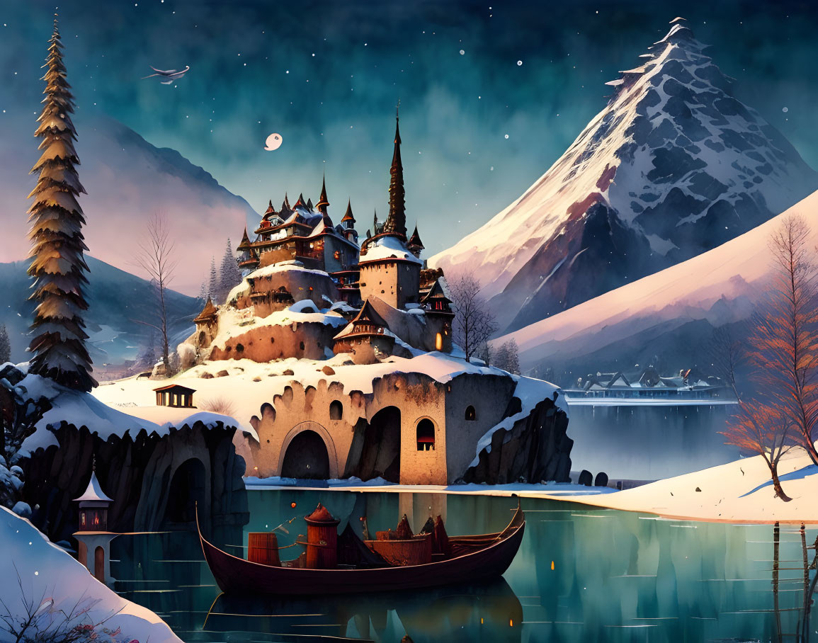 Winter castle on hilly terrain beside frozen lake at night