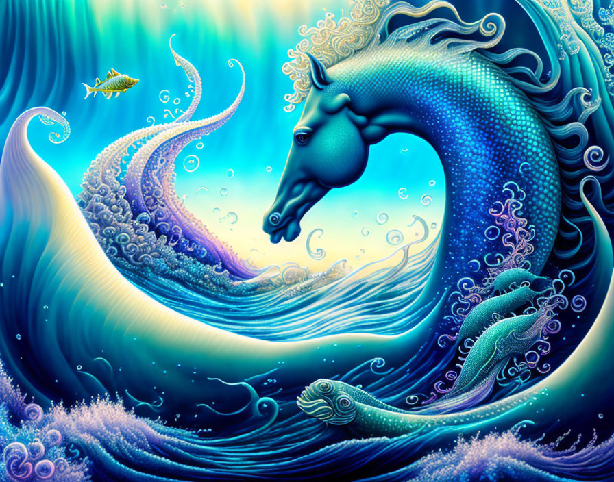 Vibrant seahorse illustration with oceanic patterns and fish swirls