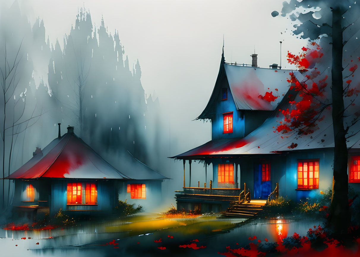 Mystical digital artwork: Blue houses, red roofs, foggy forest setting, illuminated, red