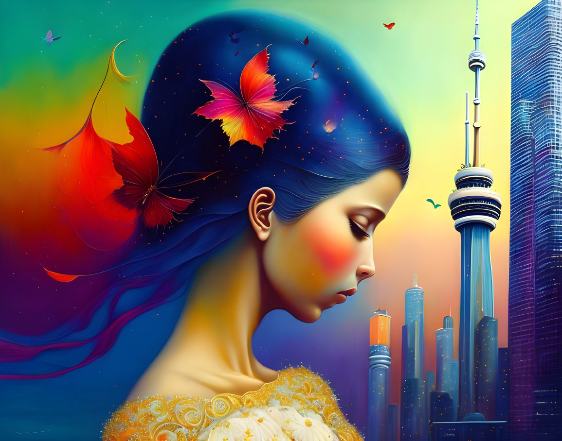 Surreal portrait of a woman with vibrant blue hair in city skyline with butterflies and cosmic backdrop