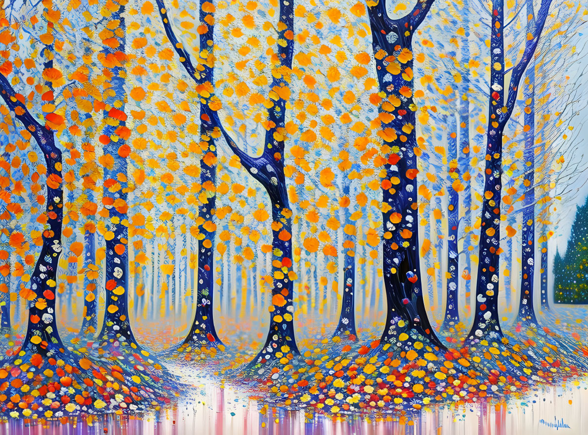 Colorful painting of whimsical forest with blue trees and vibrant foliage reflected on glossy surface