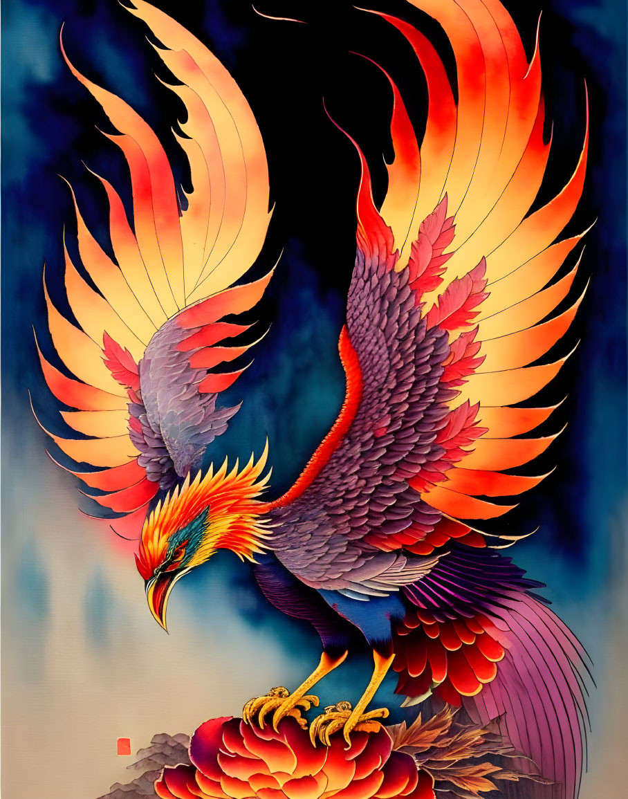 Colorful Phoenix Illustration with Fiery Plumage on Blue Background