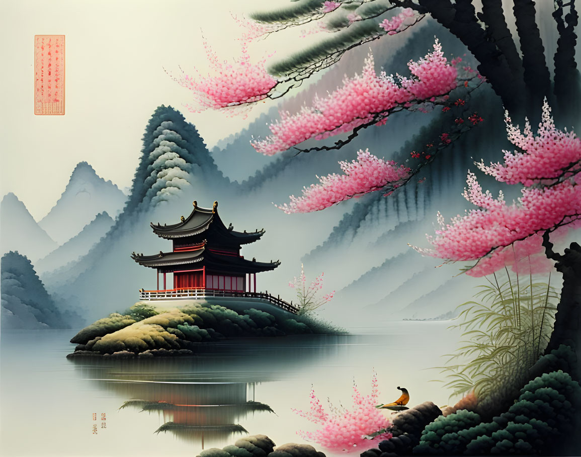 East Asian Landscape with Pagoda, Misty Mountains, Cherry Blossoms, and Boat