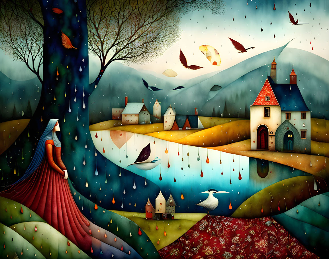 Whimsical landscape featuring woman in flowing dress and vibrant village