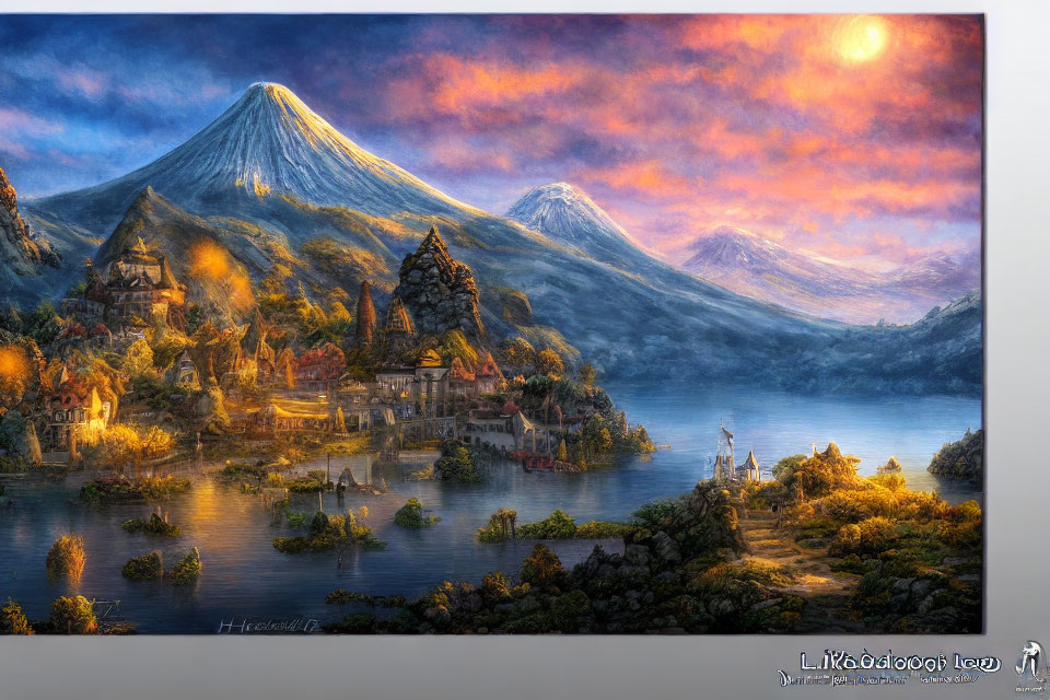 Colorful Fantasy Landscape with Village, Lake, Mountains, and Sky