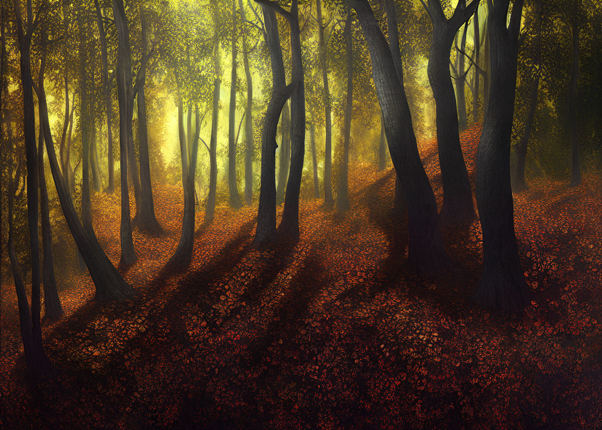 Sunlit forest with tall trees and red autumn leaves under shadows