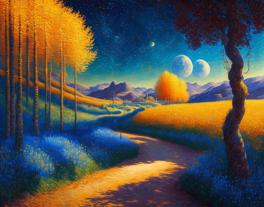 Landscape painting of autumn path, mountains, and dual moons