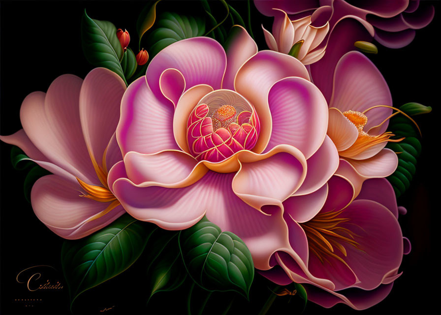 Detailed digital art: Vibrant pink and peach flower with buds and leaves on dark background