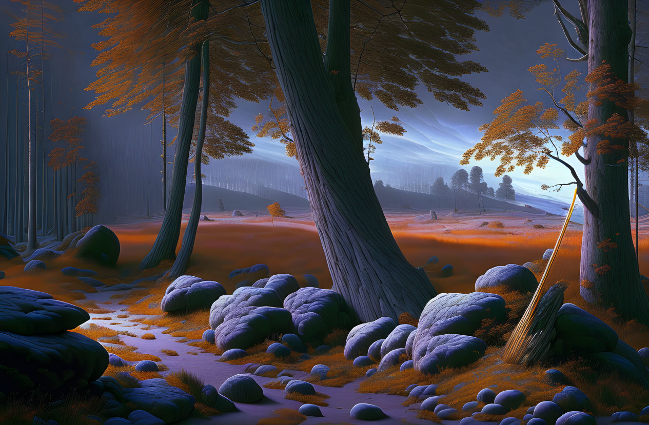 Mystical forest with tall trees and orange foliage under blue light