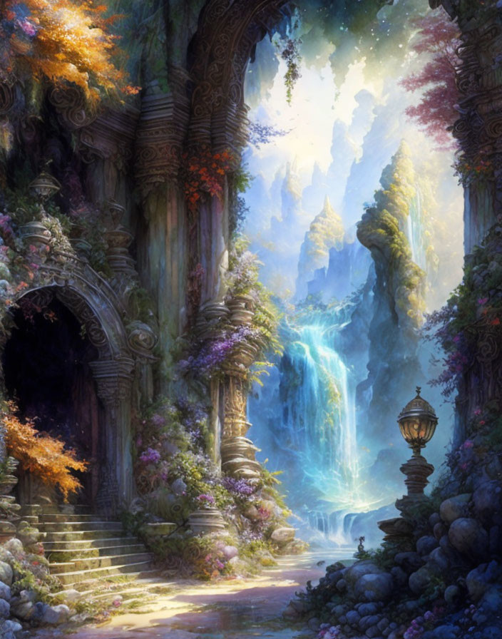 Enchanted forest with mystical waterfall and stone archways