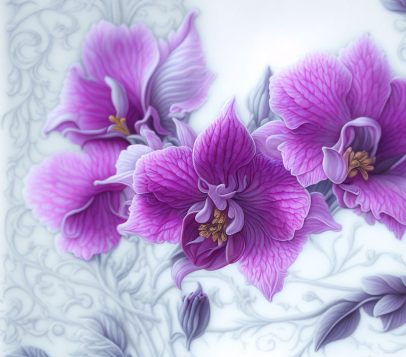 Detailed purple orchids illustration on textured white background