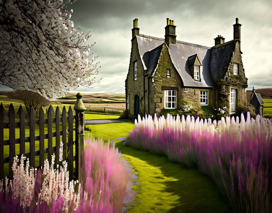 Stone house with steep roofs, picket fence, flowers, blooming tree under stormy sky