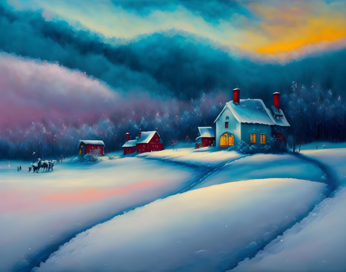 Snow-covered house and red barns in serene winter landscape at dusk