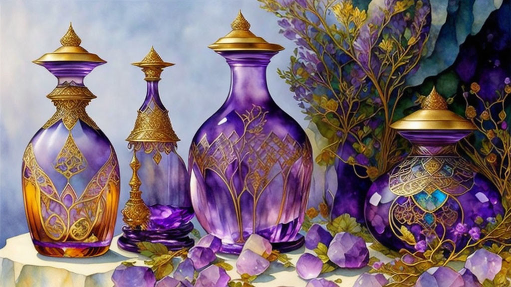 Ornate Purple and Gold Bottles with Intricate Designs on Violet Crystals and Foliage