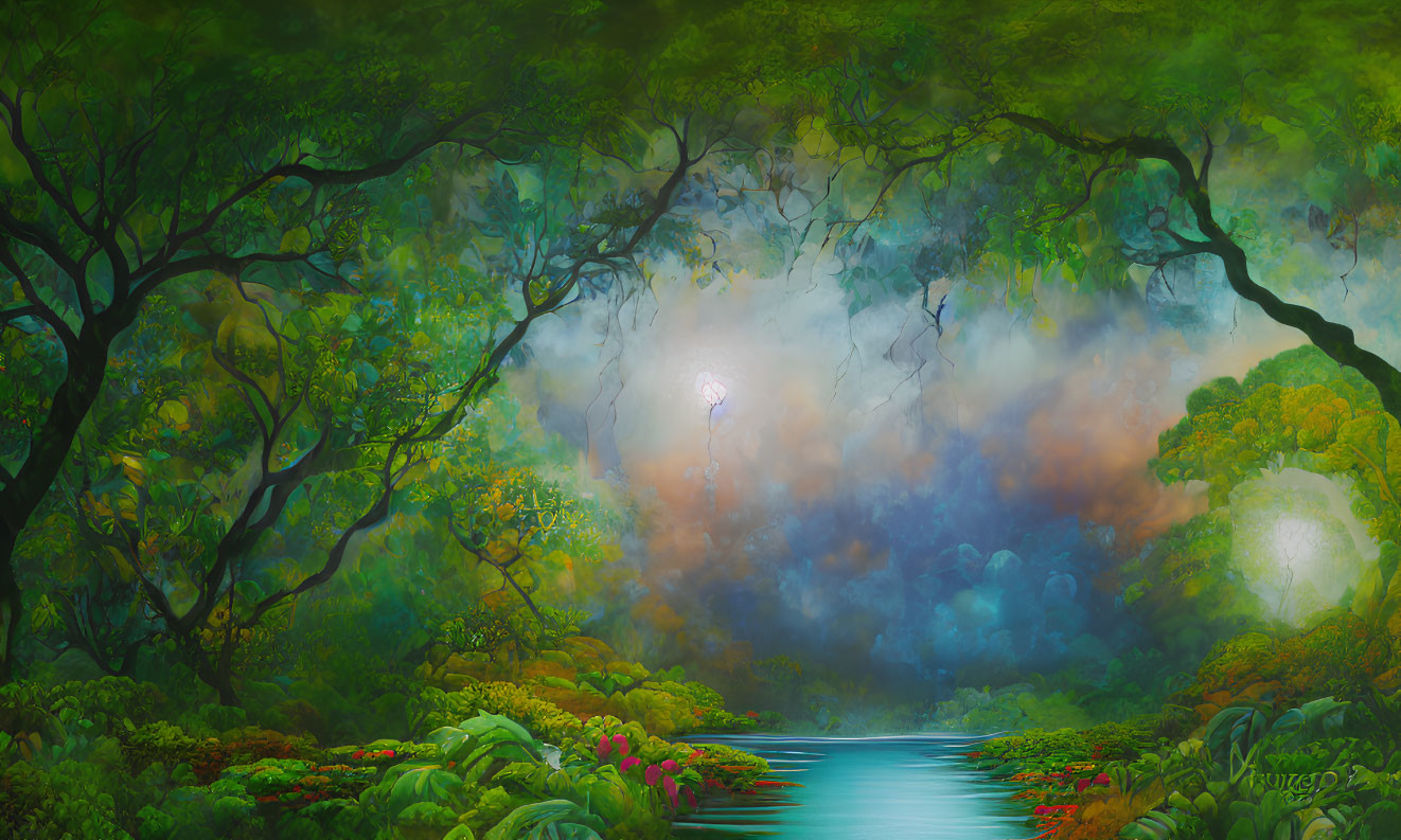 Mystical forest scene with river, dense foliage, mist, and ethereal lights