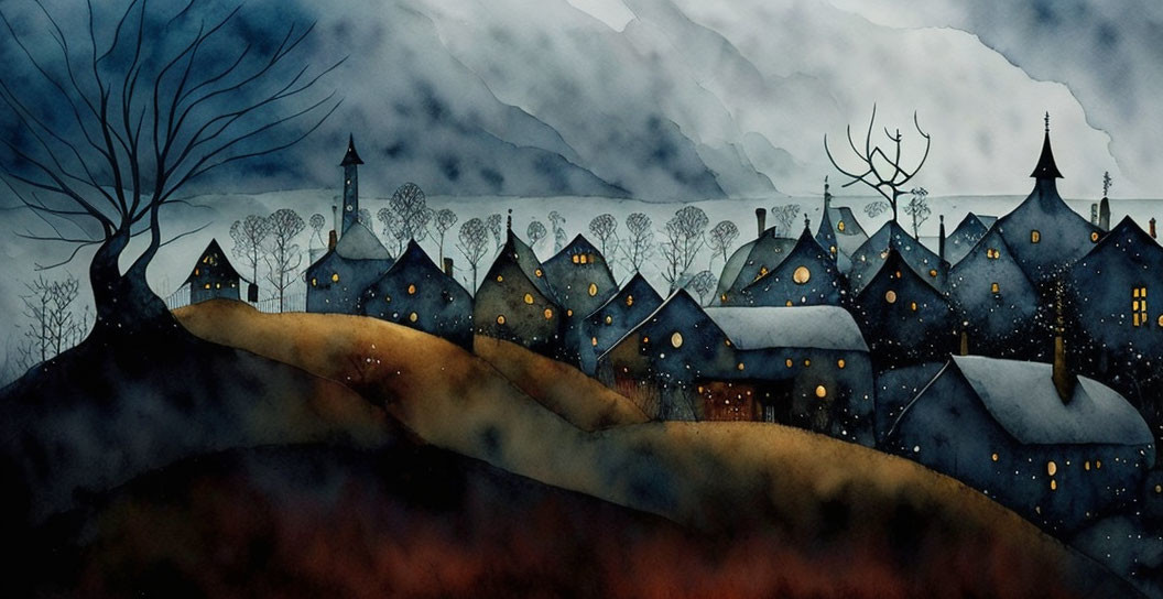 Nocturnal village watercolor painting with silhouetted houses and bare trees