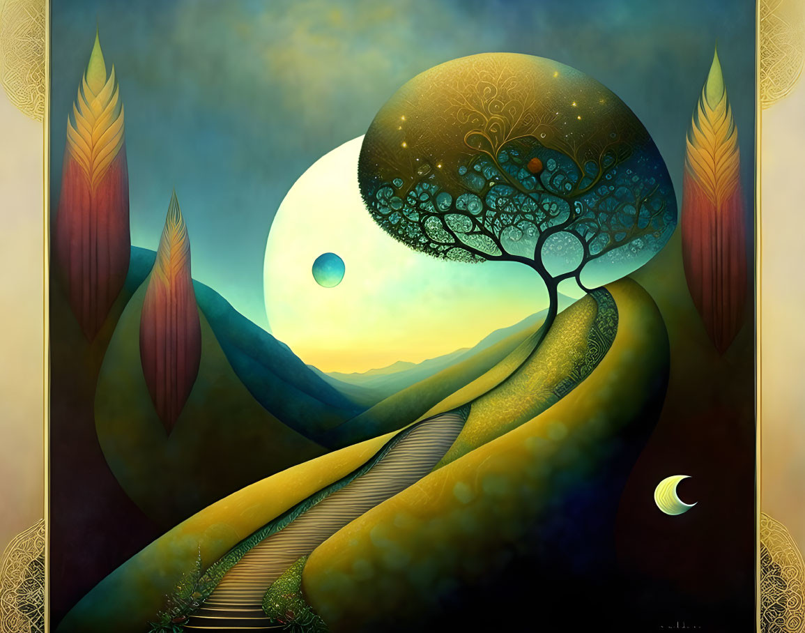 Surreal landscape with stylized tree, winding path, celestial bodies & vibrant colors