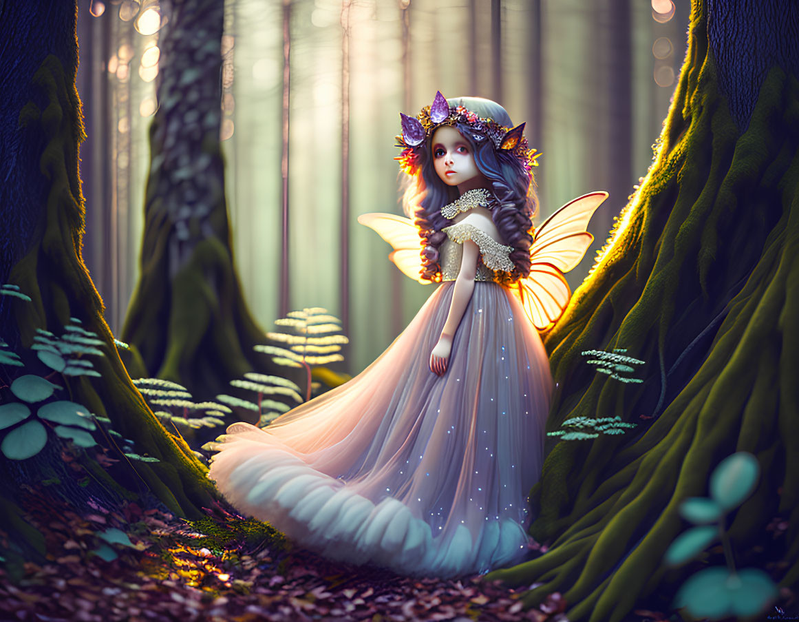 Fantasy Illustration: Fairy with Luminous Wings in Enchanted Forest