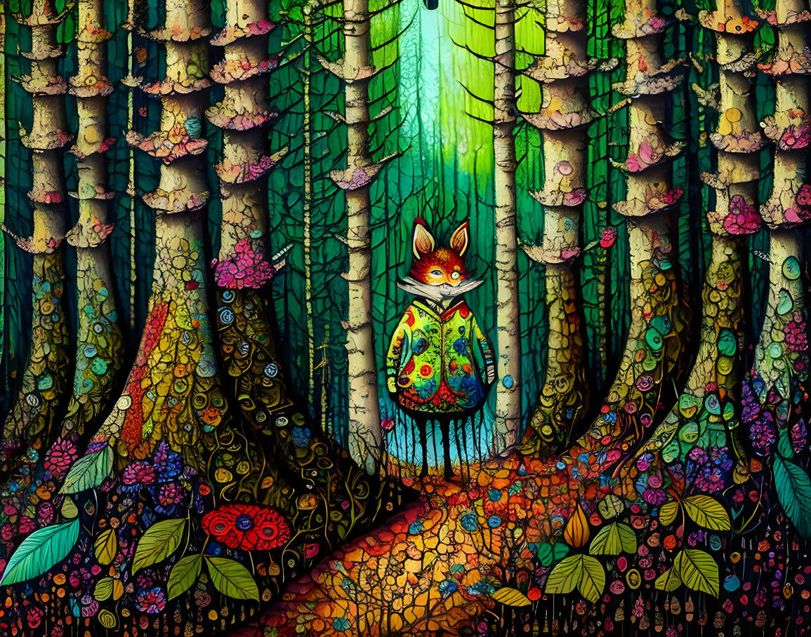 Colorful anthropomorphic fox in whimsical forest setting