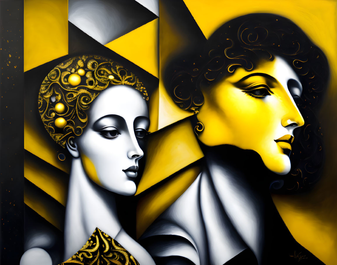 Stylized profile faces with black, white, and yellow hues and intricate golden headpieces.