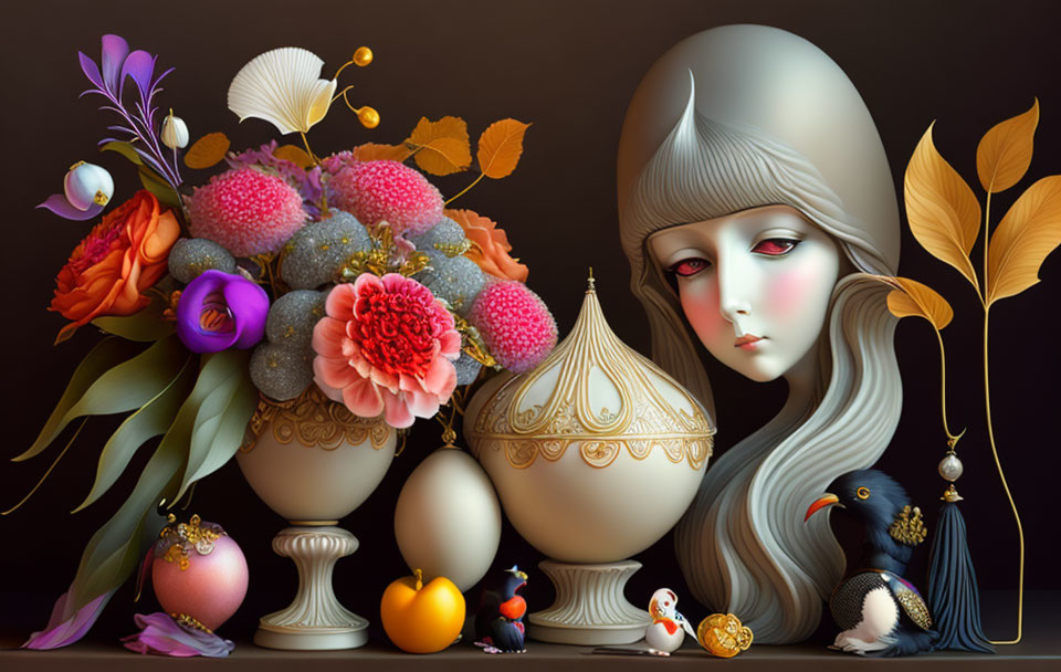 Stylized female figure with pale skin and grey bob cut surrounded by vibrant flowers, intricate eggs,