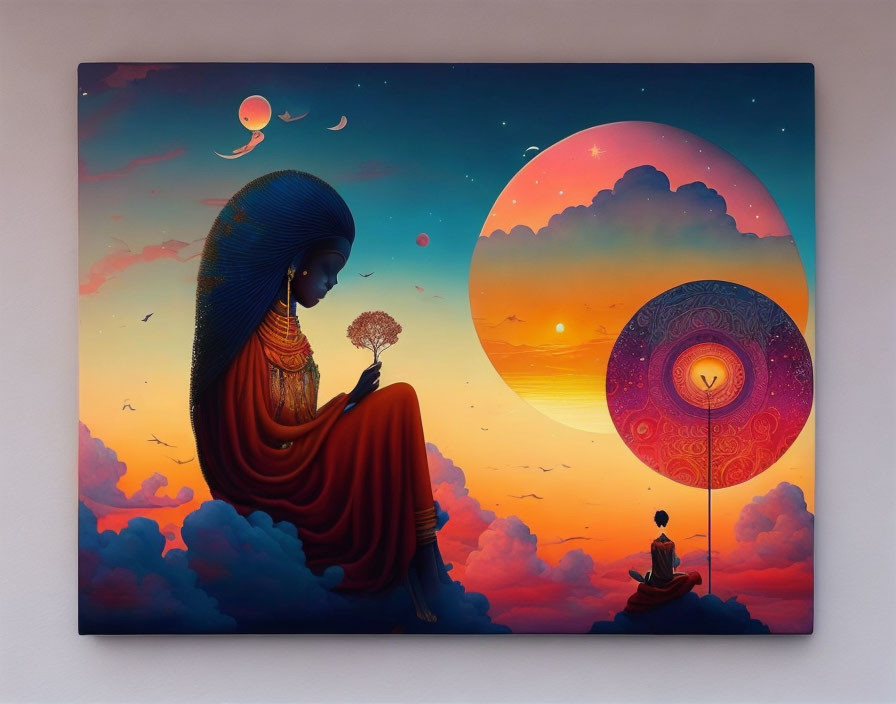 Serene artwork: Woman in red and blue, meditating figure, sunset skies, floating island,