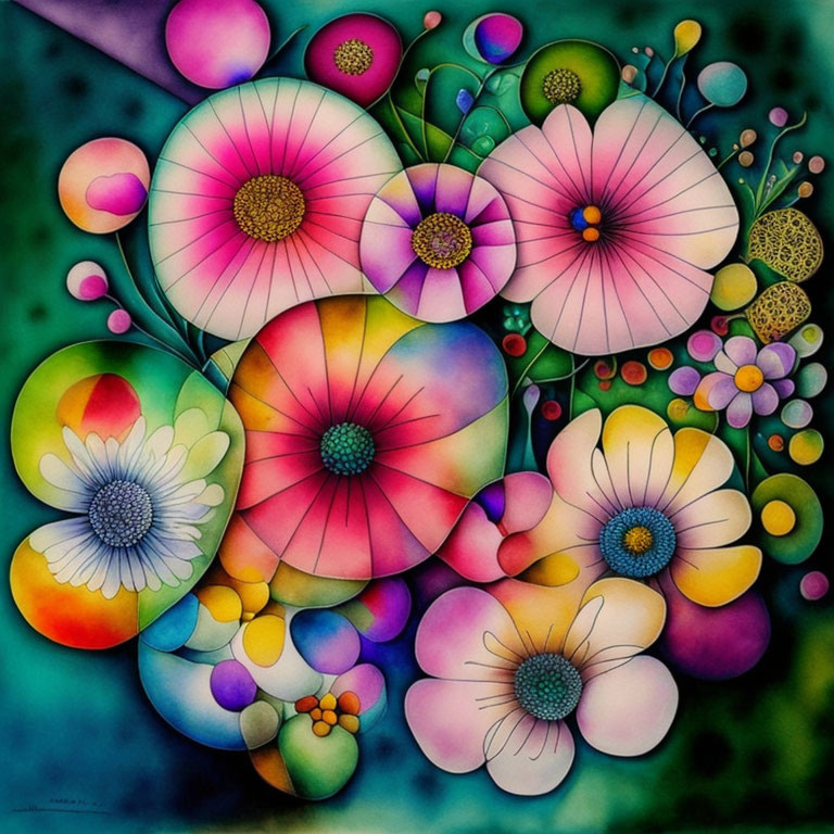 Colorful Abstract Painting of Stylized Flowers in Dreamlike Composition