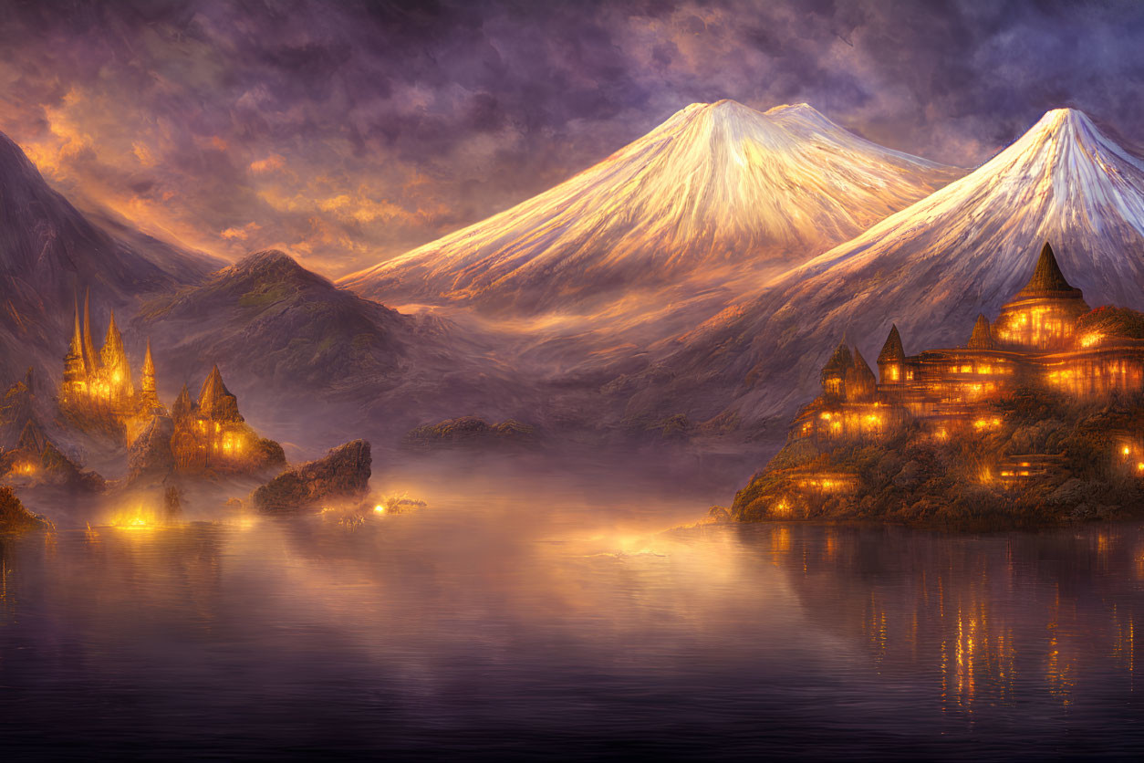 Illuminated castles by a misty lake with snow-capped mountains at twilight