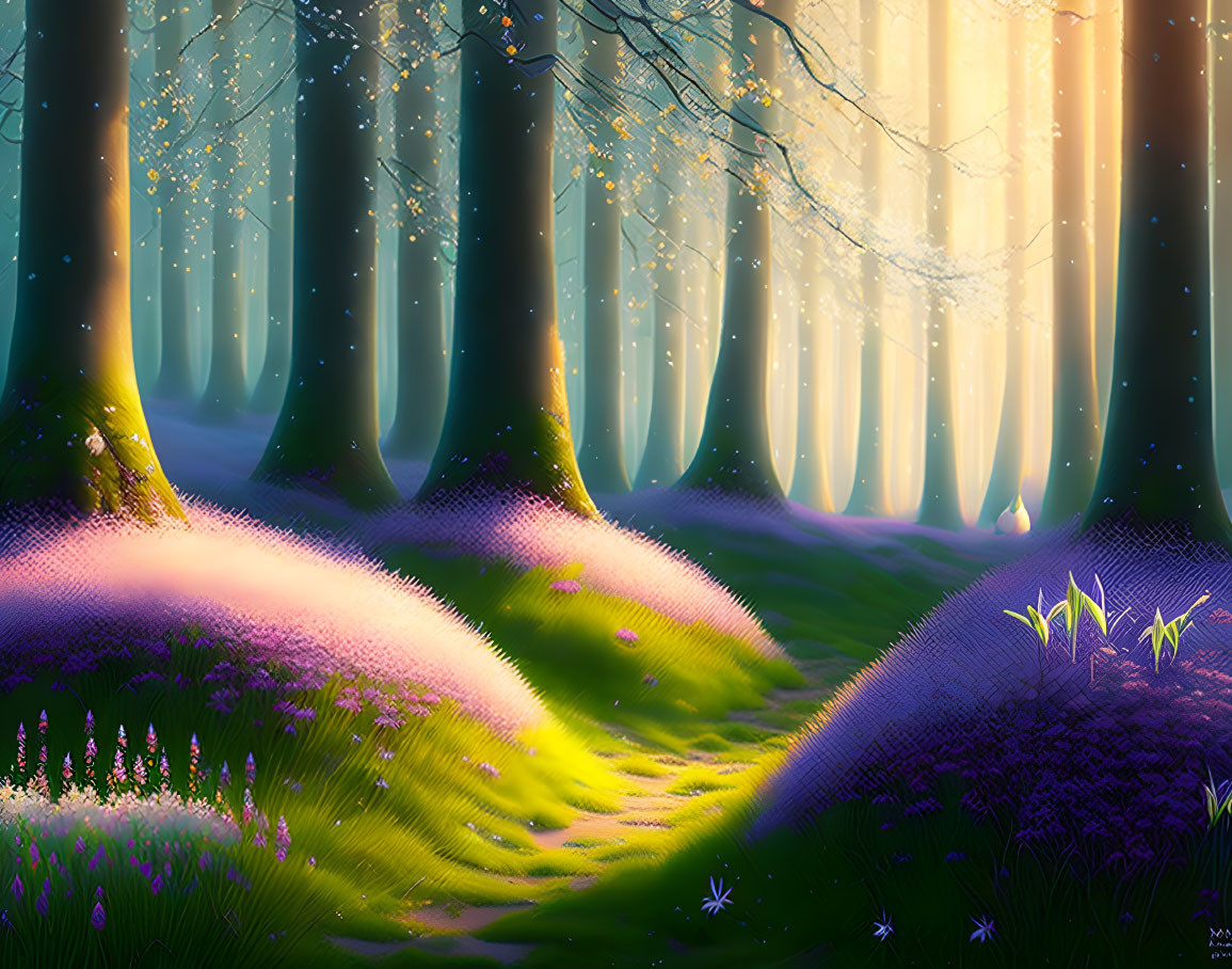 Enchanted Forest Glade with Vibrant Flowers and Glowing Particles