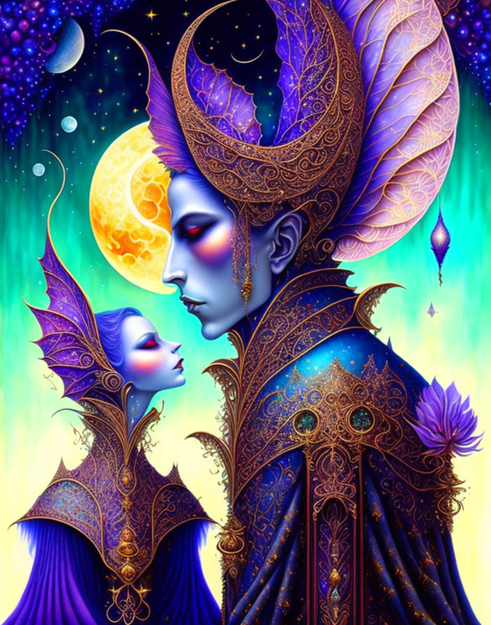 Colorful fantasy artwork: two figures in elaborate headdresses under cosmic sky