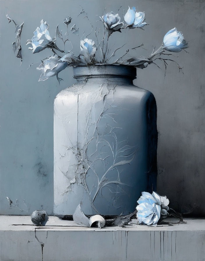 Monochromatic still life with large blue jar and faded blue roses on grey background