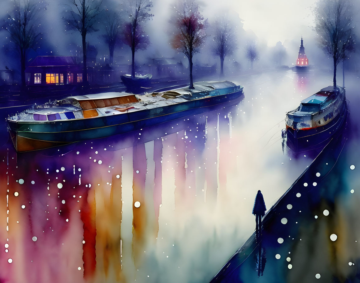 Vibrant boats on misty river with bright lights