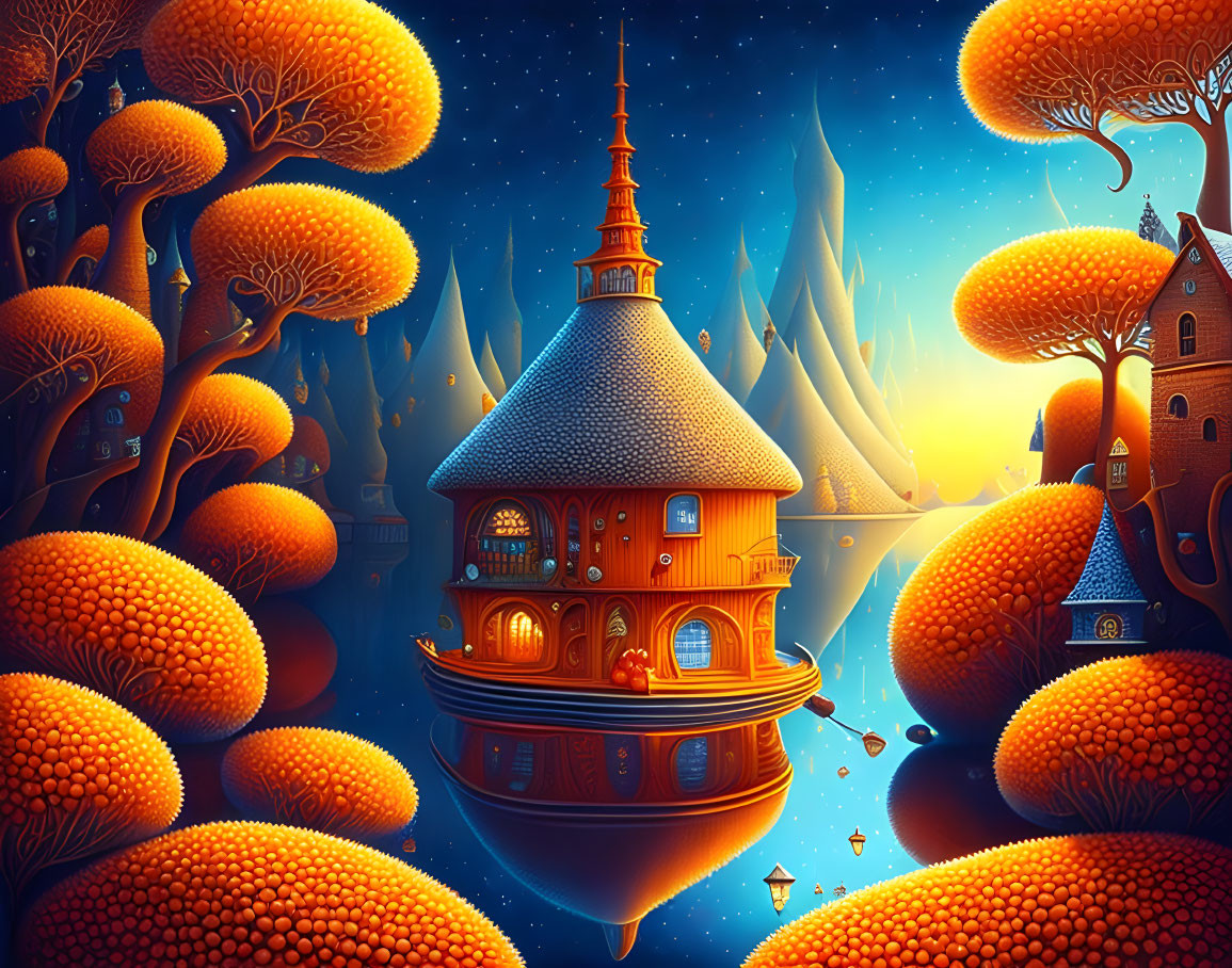 Golden-domed ship-like building on water in a nighttime orange landscape.