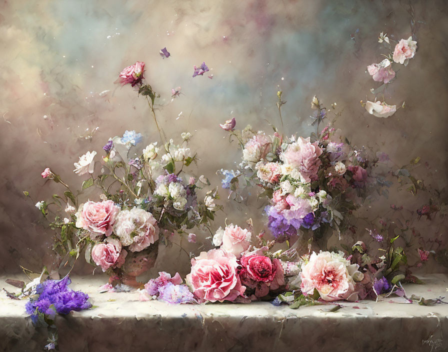 Assorted flowers in full bloom on textured background