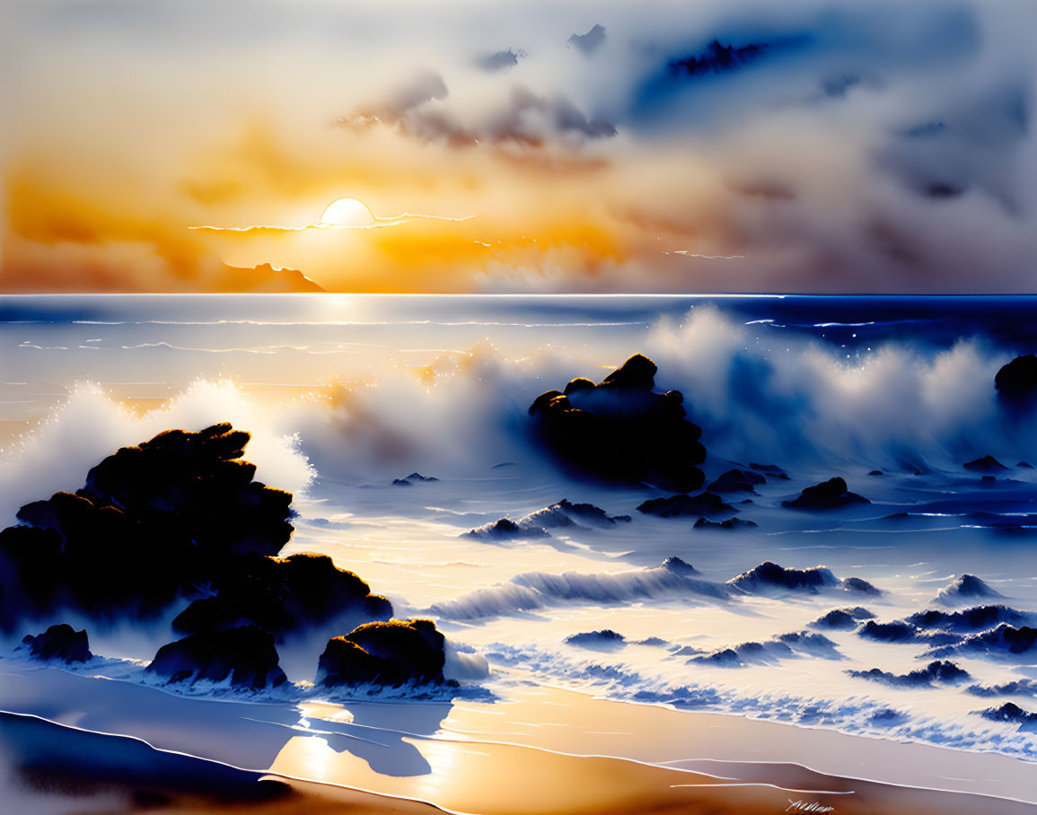 Scenic seascape at sunset with dynamic waves and rocky outcrops