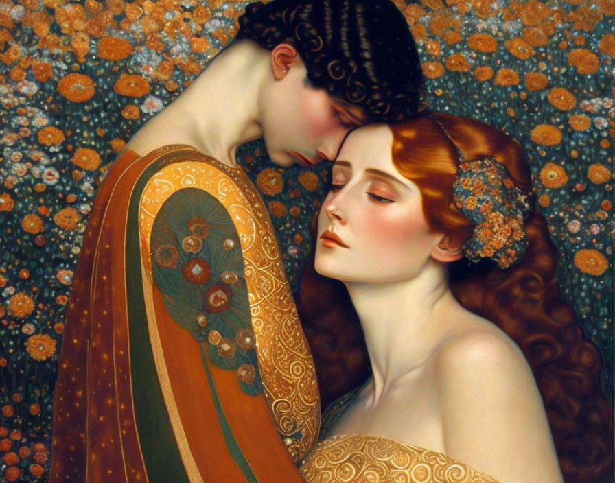 Art Nouveau Style Painting: Stylized Embracing Figures in Warm Tones