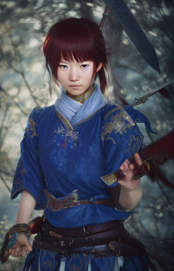 Person in Blue and Gold Asian Garb with Sword in Misty Forest