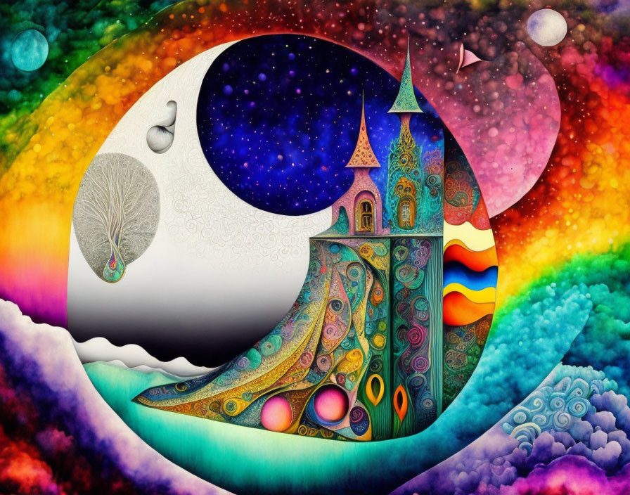 Colorful Crescent Moon Castle Artwork with Psychedelic Sky