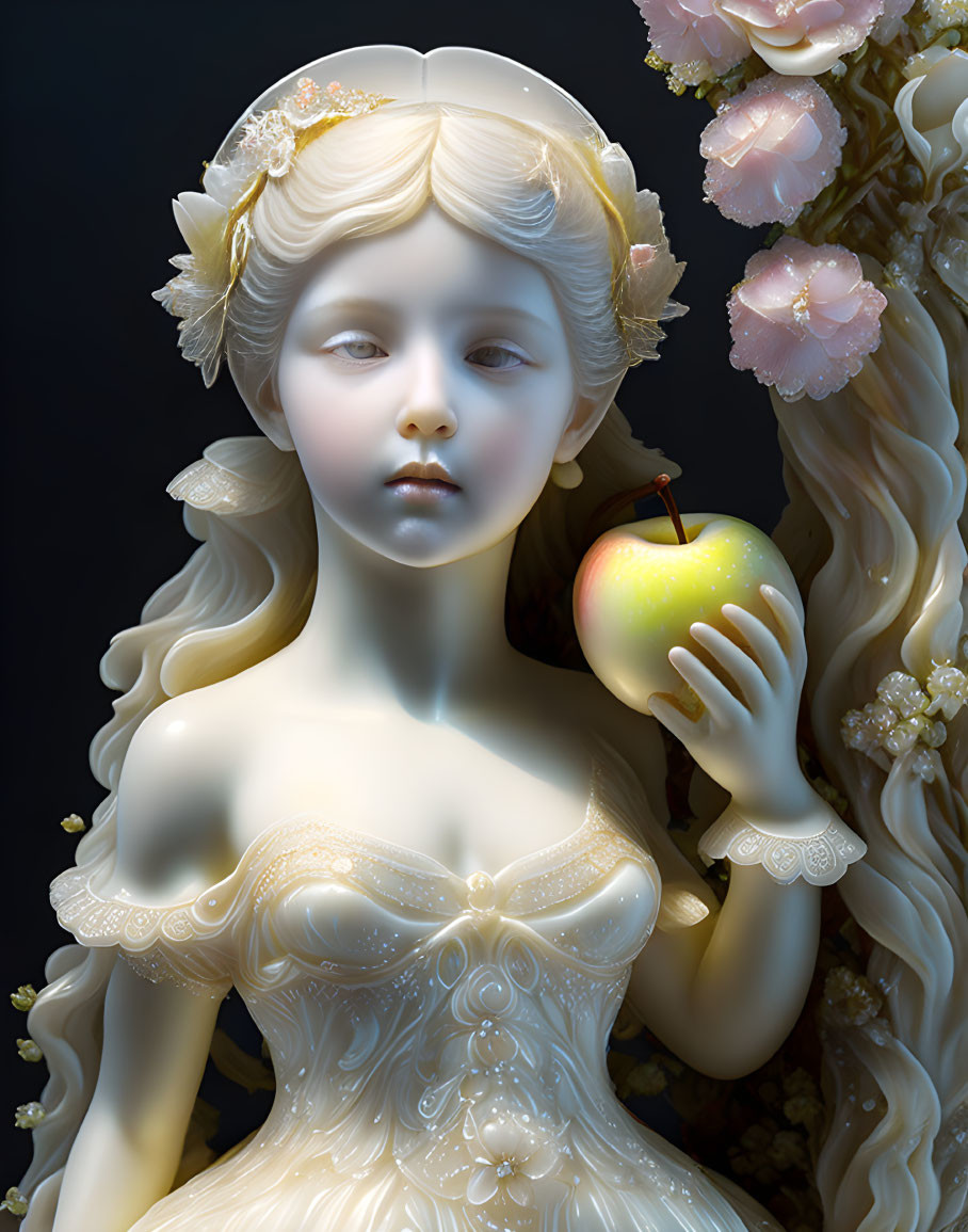 Porcelain figure with flowing hair holding an apple in ornate dress