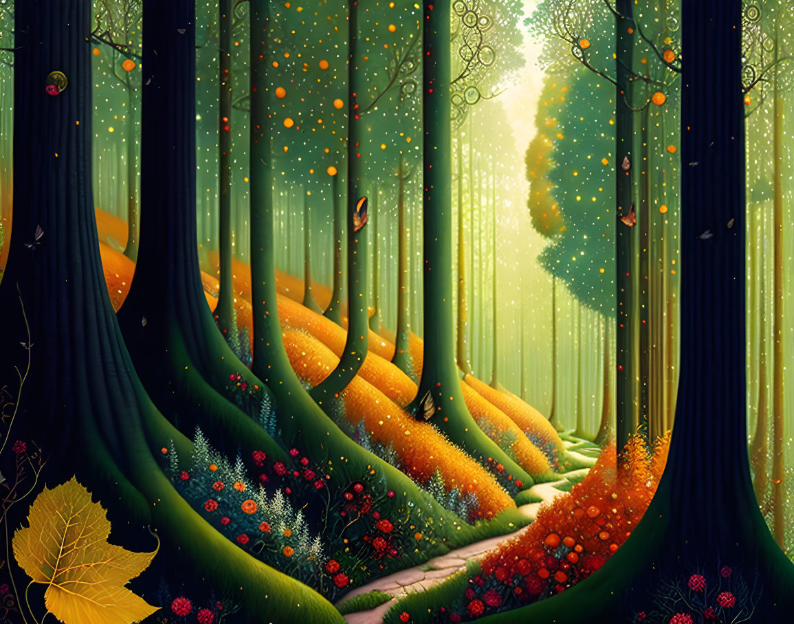 Sunlit forest path with vibrant foliage and fireflies