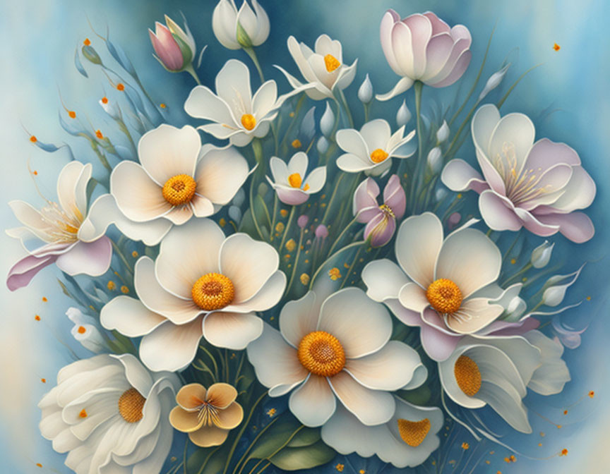 Digital painting of vibrant white and purple flowers with yellow centers on a soft blue background