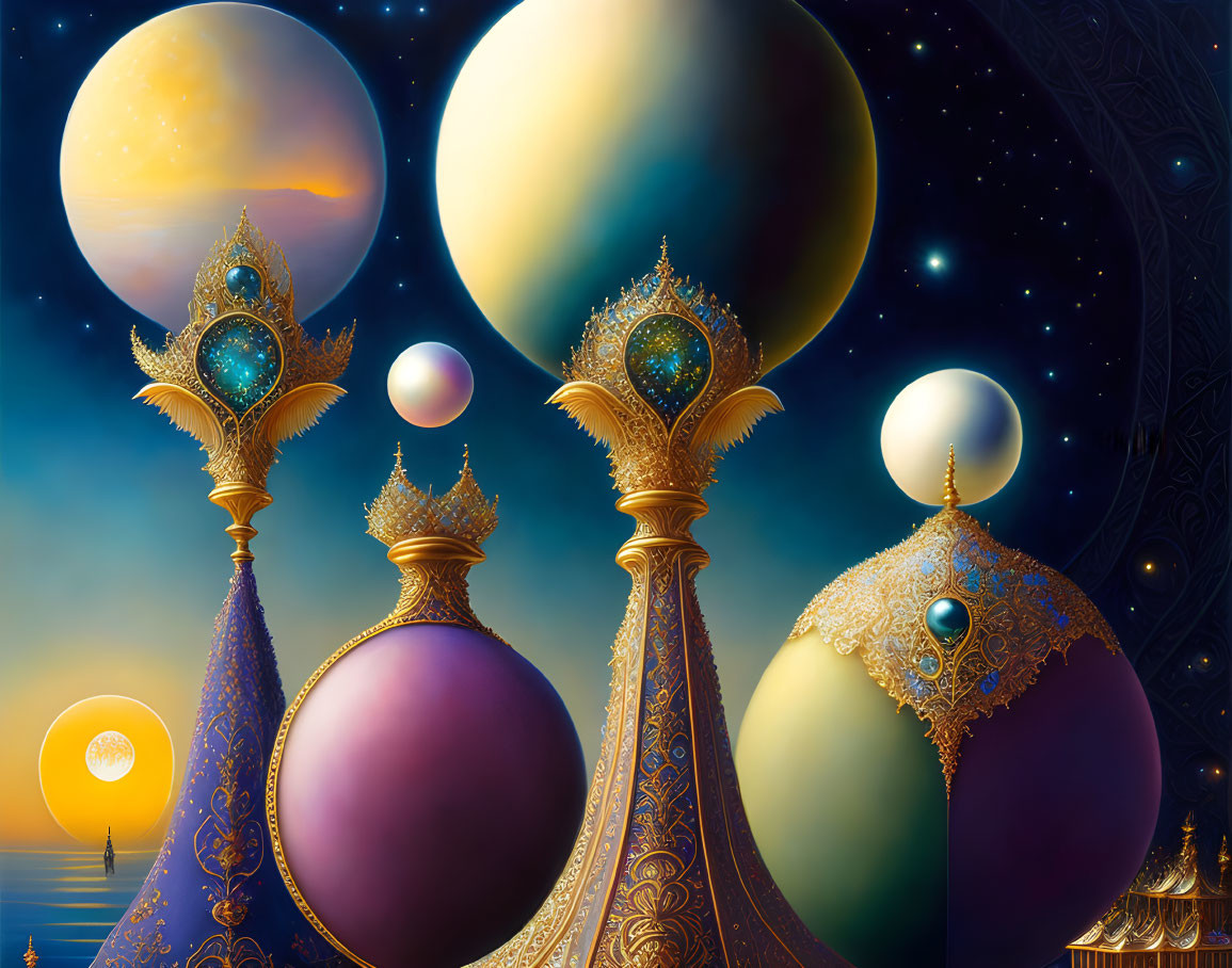 Fantasy alien landscape with jewel-like towers at twilight