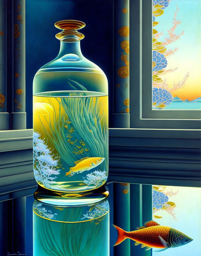 Colorful underwater scene in a bottle with coral, fish, and plants against a sea view backdrop