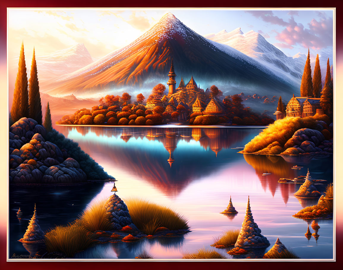 Serene lake, autumn castle, snowy mountains at sunset