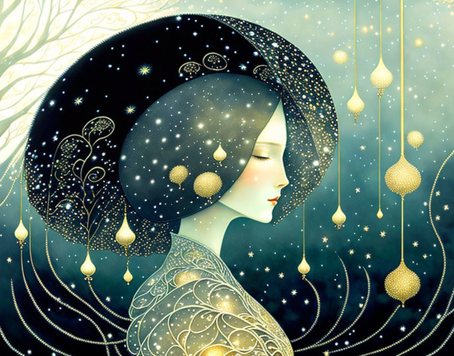 Mystical woman with star-filled hair and golden ornaments