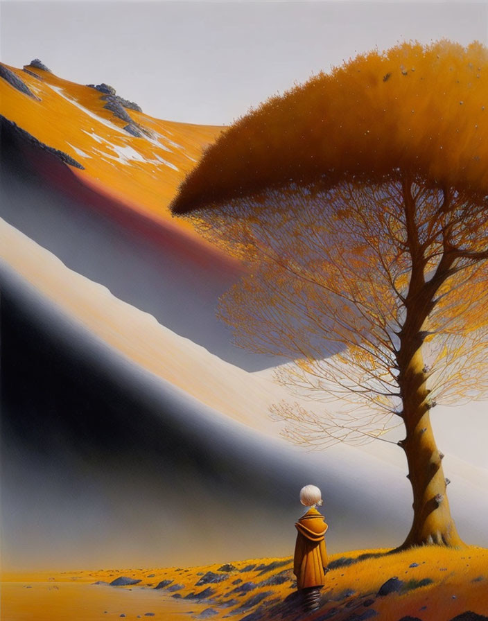 Solitary Figure in Yellow Cloak Under Orange Tree on Surreal Landscape