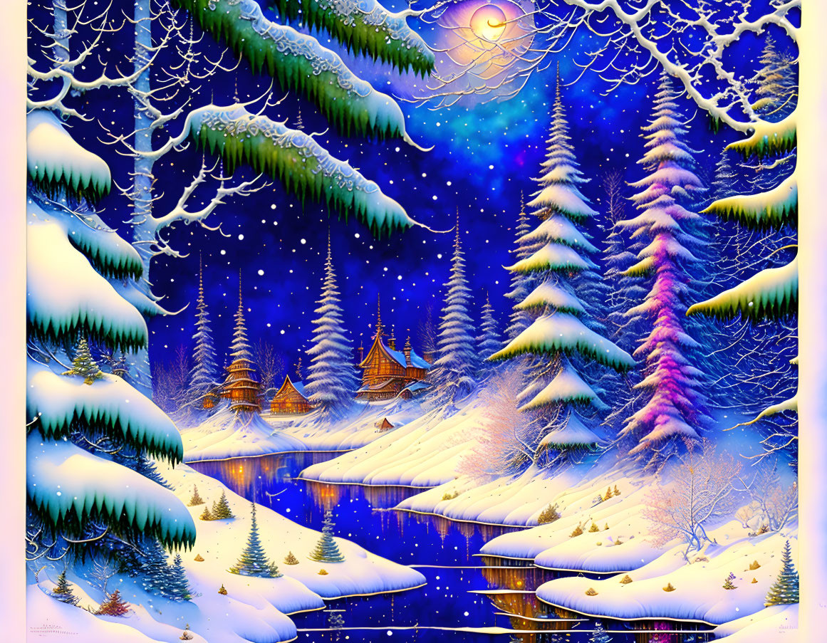 Illustrated Winter Scene: Snow-covered Trees, River, Wooden Houses, Starry Sky